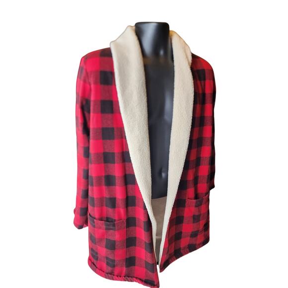 Eddie Bauer Buffalo Plaid Sherpa Lined Open Jacket Medium Cabin Flannel Shacket - Picture 2 of 11